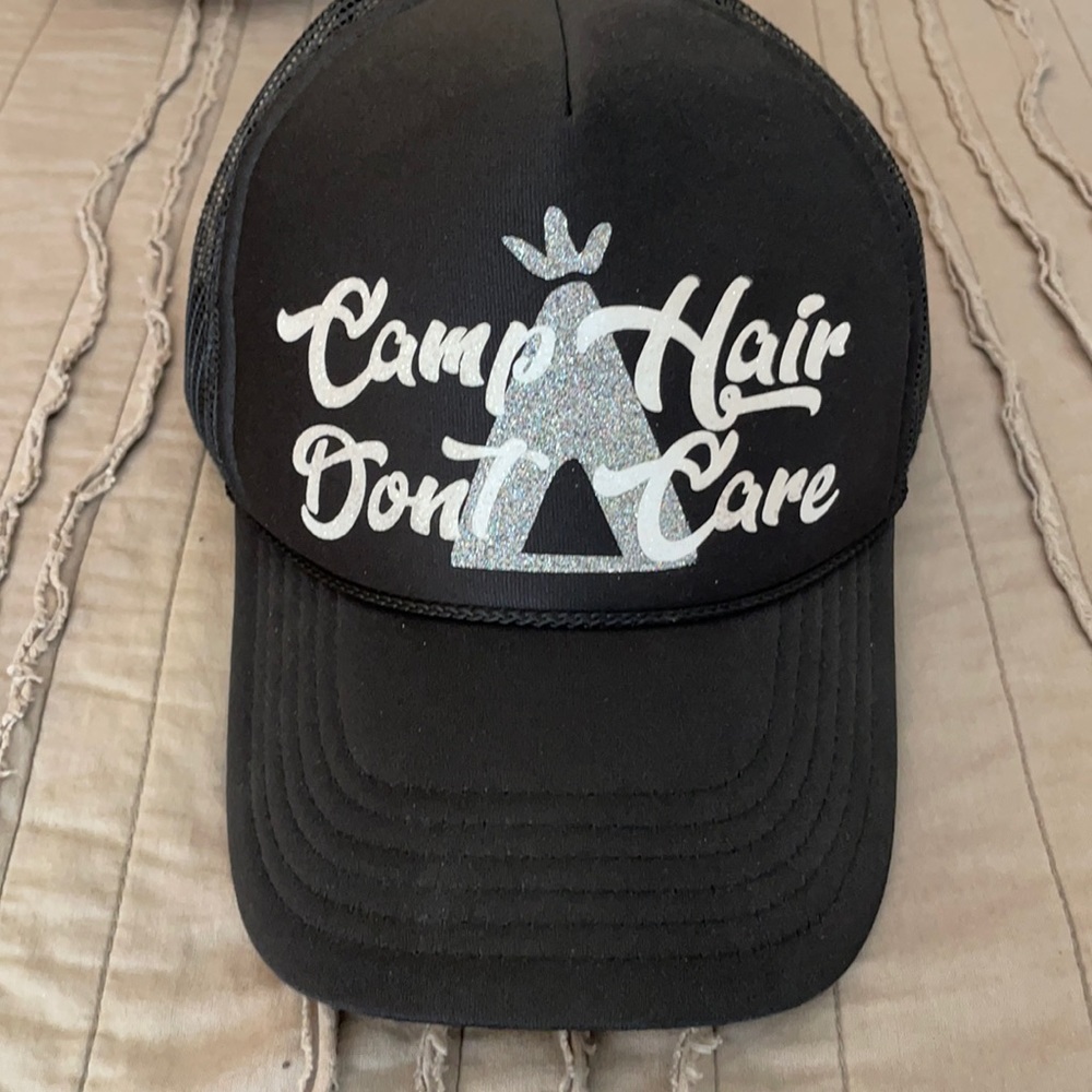 🏕 Camp Hair Don’t Care Custom Women’s Black Glitter SnapBack Hat 🏕
